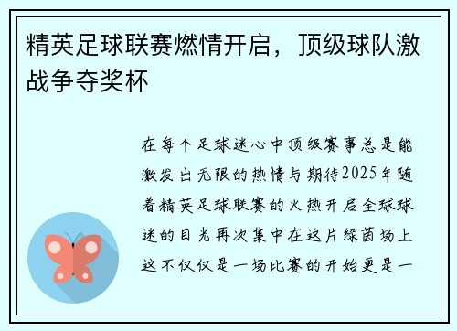 精英足球联赛燃情开启，顶级球队激战争夺奖杯