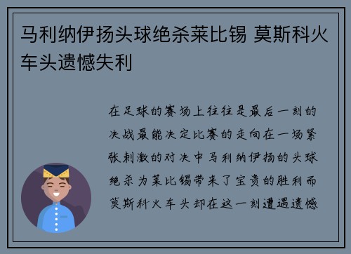 马利纳伊扬头球绝杀莱比锡 莫斯科火车头遗憾失利