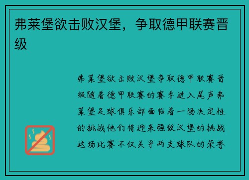 弗莱堡欲击败汉堡，争取德甲联赛晋级
