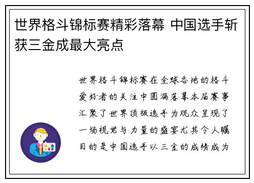 世界格斗锦标赛精彩落幕 中国选手斩获三金成最大亮点