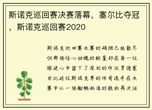 斯诺克巡回赛决赛落幕，塞尔比夺冠，斯诺克巡回赛2020